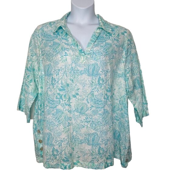Sigrid Olsen Floral Linen Tunic Top 2X Aqua blue - Picture 1 of 10